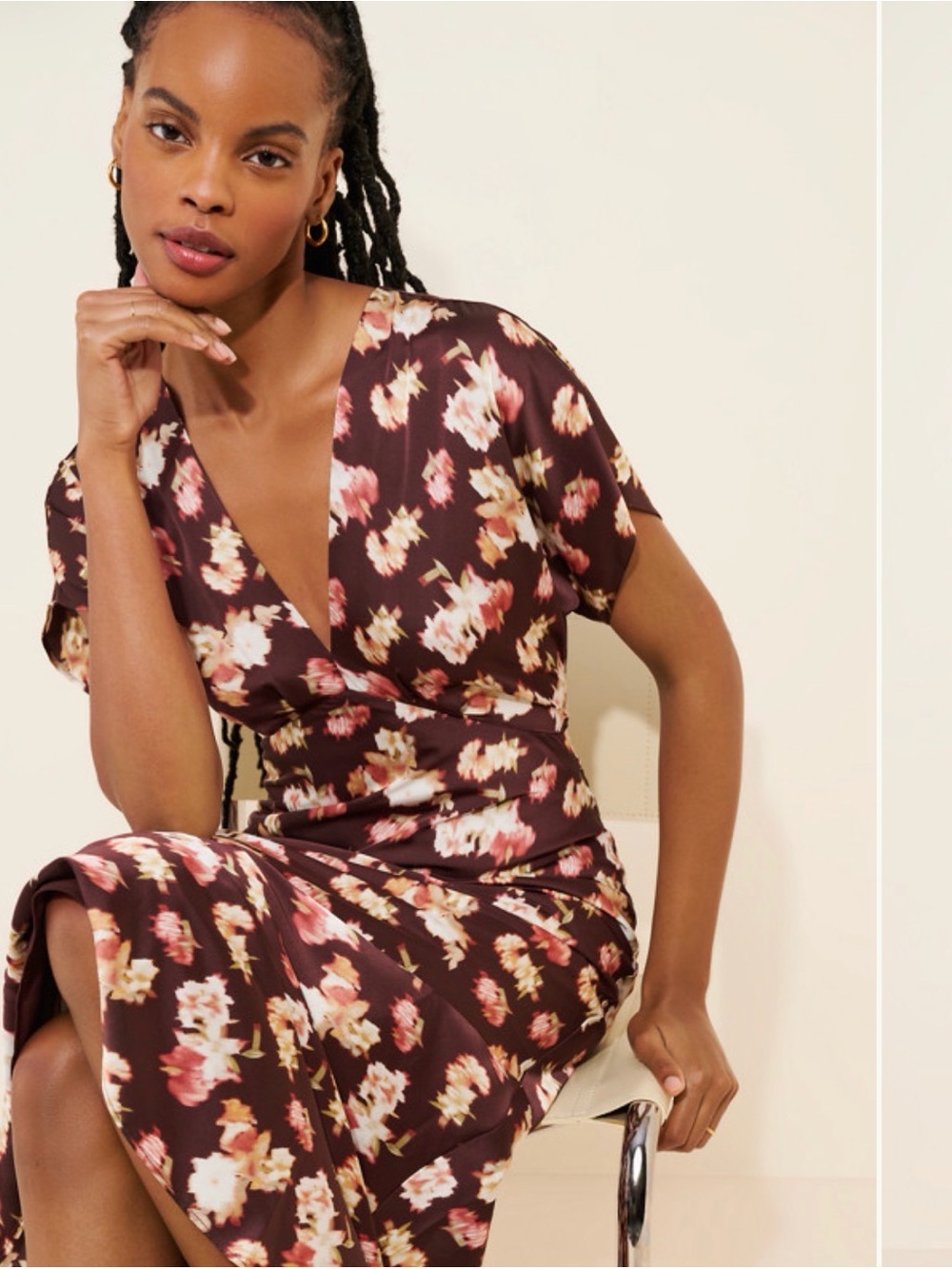 Astr Brown Floral Midi Dress with Pink and Cream Blooms